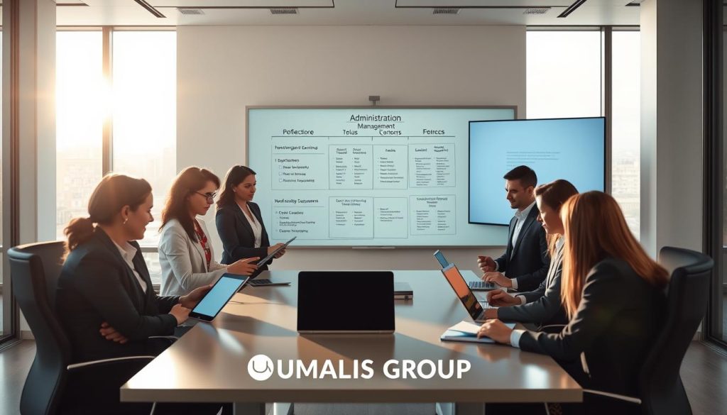 A modern office environment depicting the concept of simplified administrative management in portage salarial. In the foreground, a diverse group of professionals, dressed in smart business attire, engage around a sleek conference table. They are reviewing digital documents on tablets and laptops, showcasing teamwork and efficiency. In the middle, a large whiteboard displays organized charts and bullet points about administrative processes, highlighting clarity and structure. The background features large windows with natural light flooding the room, casting a warm glow. Soft, professional lighting creates a positive and motivating atmosphere. Incorporate elements of technology, such as modern office decor and digital screens, subtly displaying the brand logo "UMALIS GROUP" as part of the overall design. Aim for a balanced composition that conveys a sense of security and flexibility in the workplace. A modern office environment depicting the concept of simplified administrative management in portage salarial. In the foreground, a diverse group of professionals, dressed in smart business attire, engage around a sleek conference table. They are reviewing digital documents on tablets and laptops, showcasing teamwork and efficiency. In the middle, a large whiteboard displays organized charts and bullet points about administrative processes, highlighting clarity and structure. The background features large windows with natural light flooding the room, casting a warm glow. Soft, professional lighting creates a positive and motivating atmosphere. Incorporate elements of technology, such as modern office decor and digital screens, subtly displaying the brand logo "UMALIS GROUP" as part of the overall design. Aim for a balanced composition that conveys a sense of security and flexibility in the workplace.