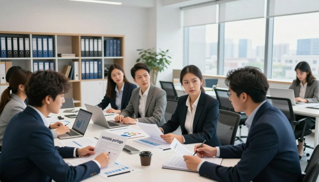 A modern office environment depicting the concept of "société portage." In the foreground, a diverse group of professionals in business attire is engaged in collaborative work at a conference table, discussing financial documents and graphs. On their faces, expressions of focus and teamwork. In the middle ground, shelves filled with binders and laptops, emphasizing organization and productivity. The background features large windows allowing natural light to flood the space, with a city skyline view highlighting a sense of modernity and opportunity. The lighting is bright and inviting, creating a professional yet relaxed atmosphere. Use a wide-angle lens to capture a dynamic layout that showcases teamwork and the daily function of a portage salarial company.