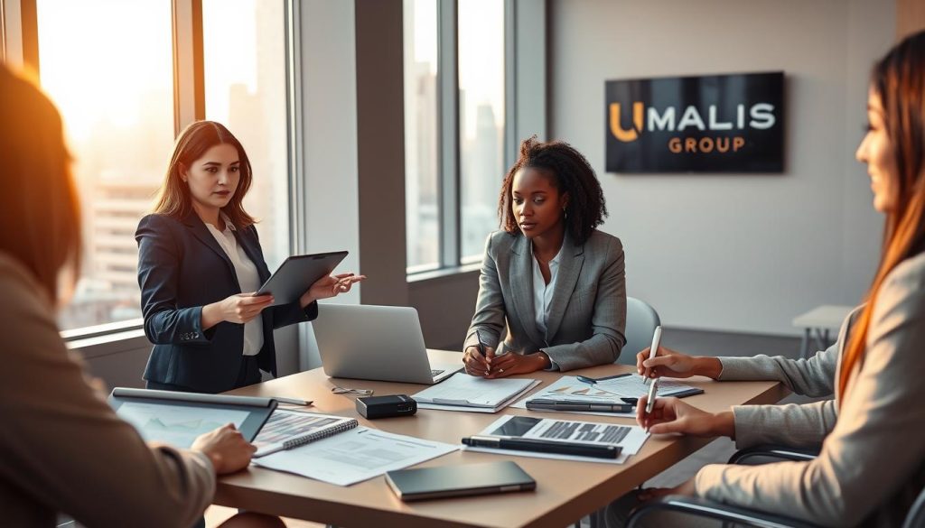 A modern office environment depicts a group of diverse professionals engaged in a focused discussion, showcasing the concept of "enterprise portage salarial." In the foreground, a confident Caucasian woman in smart business attire presents data on a digital tablet, gesturing towards a sleek infographic on a large screen. In the middle, two professionals, an Asian man and a Black woman, take notes while sitting around a collaborative table filled with documents and laptops. The background features large windows with a city skyline, bathed in warm, natural daylight. The atmosphere is one of collaboration and professionalism, emphasizing teamwork and strategic decision-making. Include the logo of "UMALIS GROUP" subtly on a wall in the background, enhancing the company’s branding within the scene. The perspective is slightly wide-angle, giving a sense of openness and productivity in the workspace.