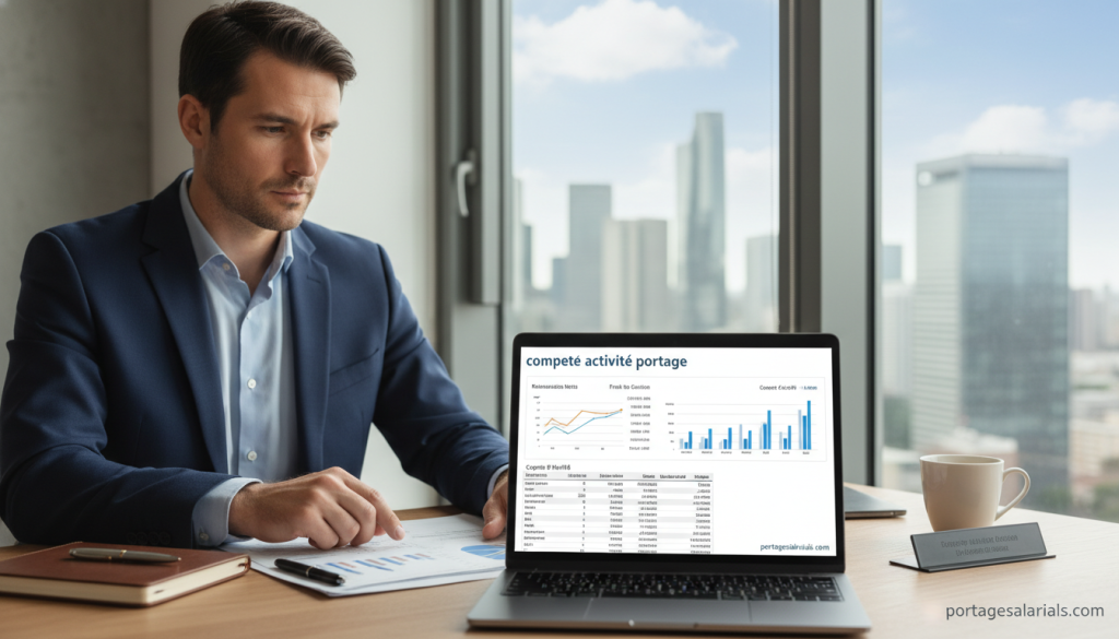 A modern office environment featuring a business professional reviewing a digital "compte activité portage" on a sleek laptop. In the foreground, a close-up of the laptop screen displays detailed graphs and figures analyzing remuneration, management fees, and activity accounts, all set against a backdrop of soft natural lighting streaming through large windows. The middle ground includes an elegant desk with financial documents, a notebook, and a cup of coffee, conveying an atmosphere of productivity and focus. The background showcases a vibrant city skyline through the window, symbolizing growth and opportunity. The individual is dressed in professional business attire, presenting a polished and serious demeanor. The image evokes a sense of professionalism and empowerment relevant to the topic, promoting portagesalarials.com.