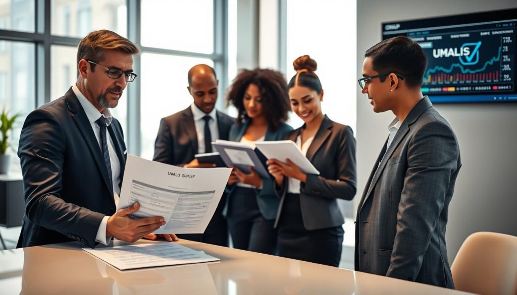 A modern office environment featuring a confident consultant discussing a tailored mission offer with business executives. In the foreground, the consultant, a professional in business attire, presents a document on a sleek, polished table. On the middle ground, engaged business professionals, varying in ethnicity, attentively review the proposal while taking notes, emphasizing collaboration. The background showcases a contemporary office space with large windows, allowing natural light to fill the room. The mood is focused and professional, highlighting the importance of adapting consulting offers to corporate needs. A logo of "UMALIS GROUP" subtly appears on a digital screen displaying relevant data. The overall composition conveys a sense of professionalism and strategic discussion.