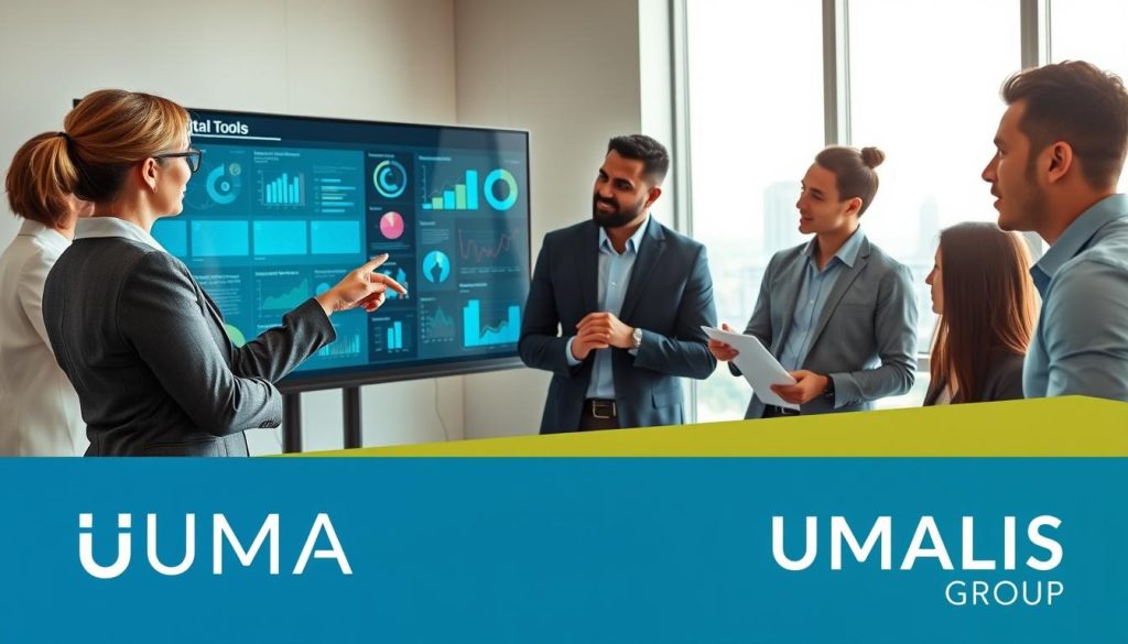 A modern office environment featuring a diverse group of five professionals engaged in a digital tools workshop. In the foreground, a woman in a formal business suit leads a discussion, pointing at a large interactive screen displaying various digital tools and graphs. The middle ground shows three team members, two men and one woman, attentively taking notes and interacting with laptops. The background includes a window with a cityscape view, bright natural lighting streaming through, creating an inspiring atmosphere. The color palette is warm and inviting, with soft blue and green accents. The scene conveys collaboration and innovation, highlighting the importance of digital awareness in a professional setting. Include the branding "UMALIS GROUP" subtly in the design elements, ensuring it remains professional without being intrusive.