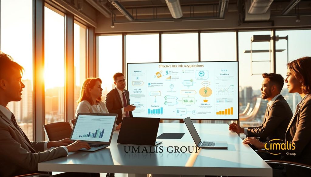 A modern office environment featuring a diverse group of four professionals in smart business attire collaborating at a sleek conference table, surrounded by digital marketing visuals. In the foreground, focus on their engaged discussion about effective and sustainable link acquisition strategies, with a laptop displaying analytics. In the middle, incorporate a large screen with flowcharts and diagrams illustrating various link-building techniques. The background should showcase a city skyline through large windows, bathed in warm, natural light, creating a productive atmosphere. Use a slight angle from above to capture the action and energy of the meeting. The overall mood should be dynamic and innovative, reflecting the theme of effective link acquisition. Include the brand name "UMALIS GROUP" subtly integrated into the décor. A modern office environment featuring a diverse group of four professionals in smart business attire collaborating at a sleek conference table, surrounded by digital marketing visuals. In the foreground, focus on their engaged discussion about effective and sustainable link acquisition strategies, with a laptop displaying analytics. In the middle, incorporate a large screen with flowcharts and diagrams illustrating various link-building techniques. The background should showcase a city skyline through large windows, bathed in warm, natural light, creating a productive atmosphere. Use a slight angle from above to capture the action and energy of the meeting. The overall mood should be dynamic and innovative, reflecting the theme of effective link acquisition. Include the brand name "UMALIS GROUP" subtly integrated into the décor.