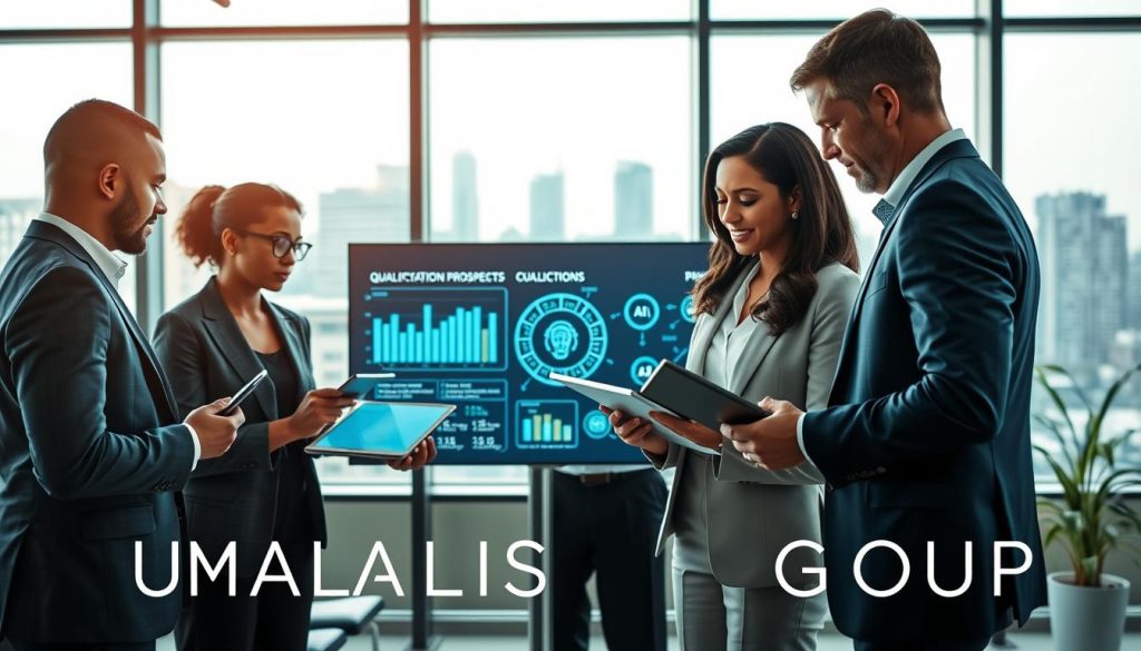 A modern office environment featuring a diverse group of professional consultants engaged in a collaborative discussion. In the foreground, two consultants, a man and a woman, are analyzing data on digital tablets while deep in conversation, both dressed in smart business attire. In the middle, a large screen displays visualized data analytics and AI icons, symbolizing the qualification of prospects. The background showcases large windows with a city skyline, allowing natural light to flood the room, creating a bright and inviting atmosphere. The overall mood is focused and innovative, capturing the essence of using AI for consulting in portage salarial. Include the brand name "UMALIS GROUP" subtly integrated into the decor of the office setting.