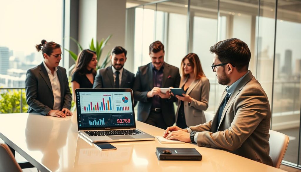 A modern office environment featuring a diverse group of professionals, all dressed in smart business attire, engaged in a vibrant discussion around a sleek conference table. In the foreground, a focused back-end developer presents a case study on a laptop, showcasing graphs and success metrics. The middle layer reveals two colleagues listening intently, taking notes, and exchanging ideas, while a large window in the background floods the room with natural light, illuminating green plants and a city skyline. The atmosphere conveys collaboration, success, and innovation, with warm lighting enhancing the professional yet inviting mood. Use a wide-angle lens to capture the dynamic teamwork and detail in the professionals' expressions and interactions. A modern office environment featuring a diverse group of professionals, all dressed in smart business attire, engaged in a vibrant discussion around a sleek conference table. In the foreground, a focused back-end developer presents a case study on a laptop, showcasing graphs and success metrics. The middle layer reveals two colleagues listening intently, taking notes, and exchanging ideas, while a large window in the background floods the room with natural light, illuminating green plants and a city skyline. The atmosphere conveys collaboration, success, and innovation, with warm lighting enhancing the professional yet inviting mood. Use a wide-angle lens to capture the dynamic teamwork and detail in the professionals' expressions and interactions.