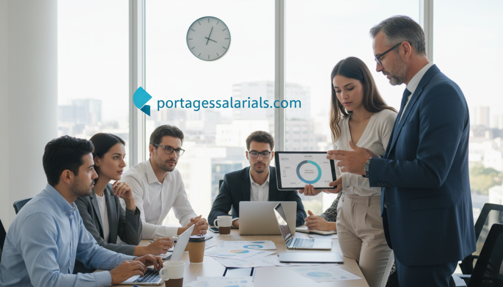 A modern office environment featuring a diverse group of professionals engaged in a discussion about salary and expenses related to freelance work. In the foreground, a middle-aged man with glasses in a tailored business suit gestures towards a pie chart displayed on a tablet held by a young woman in smart casual attire. In the middle, a large conference table is surrounded by paperwork, laptops, and coffee cups, showcasing a collaborative atmosphere. The background reveals a large window with cityscape views bathed in natural light, creating an optimistic and focused mood. The setting emphasizes transparency and teamwork in financial discussions, symbolizing the theme of "salary, expenses, and net income" in the context of salary portage. Include the brand name "portagesalarials.com" subtly integrated into the workspace decor.