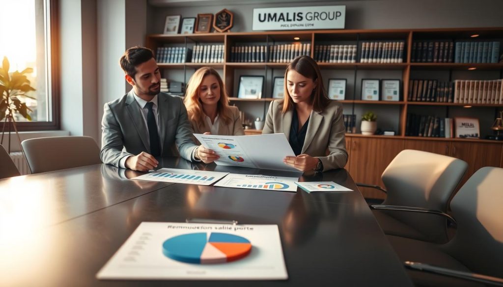 A modern office environment featuring a diverse group of professionals engaged in discussions around remuneration and employee benefits. In the foreground, a male and female consultant, both in smart business attire, are analyzing documents and pie charts on a sleek conference table, showcasing financial graphs and figures related to "rémunération salarié porté." The middle layer captures a large window letting in soft, natural light, illuminating the workspace. In the background, shelves filled with books and awards hint at a reputable consulting firm, labeled "UMALIS GROUP." The ambiance is professional and focused, with warm lighting casting a collaborative atmosphere, evoking a sense of trust and expertise in the realm of employment law and salaries.