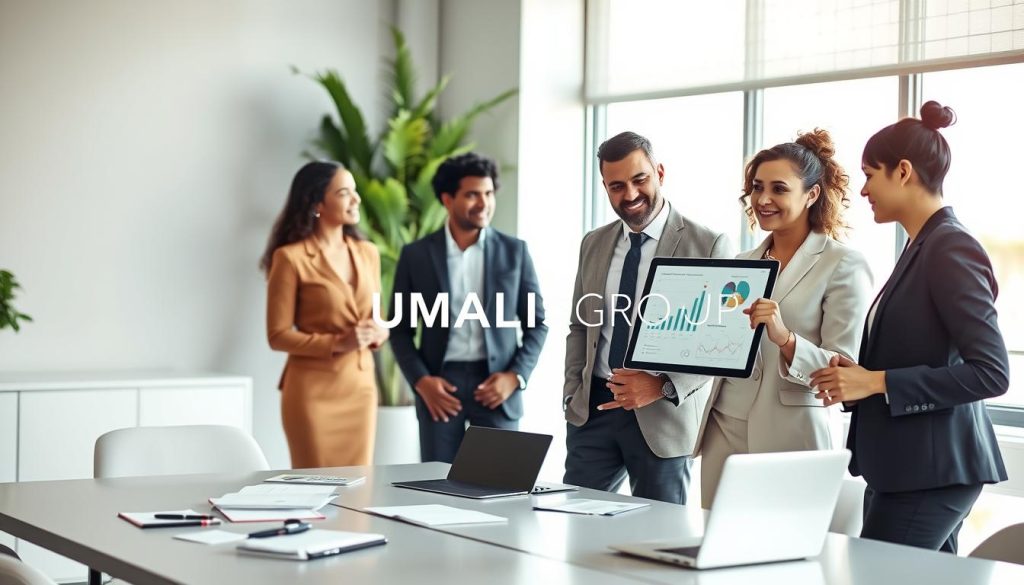 A modern office environment featuring a diverse group of three professionals of varying ethnicities, engaged in a collaborative discussion about defining their service offerings. In the foreground, a woman in smart business attire stands confidently, pointing at a digital tablet displaying graphs and charts, while two colleagues, a man and a woman, lean in to listen attentively. The middle ground includes a sleek conference table cluttered with notepads, pens, and a laptop, as well as a large window that lets in bright, natural light. The background showcases minimalist decor, including green plants for a fresh atmosphere. The overall mood is focused and inspiring, focusing on teamwork and strategy. The brand name "UMALIS GROUP" is subtly integrated into the design elements on the digital tablet without any text overlay. A modern office environment featuring a diverse group of three professionals of varying ethnicities, engaged in a collaborative discussion about defining their service offerings. In the foreground, a woman in smart business attire stands confidently, pointing at a digital tablet displaying graphs and charts, while two colleagues, a man and a woman, lean in to listen attentively. The middle ground includes a sleek conference table cluttered with notepads, pens, and a laptop, as well as a large window that lets in bright, natural light. The background showcases minimalist decor, including green plants for a fresh atmosphere. The overall mood is focused and inspiring, focusing on teamwork and strategy. The brand name "UMALIS GROUP" is subtly integrated into the design elements on the digital tablet without any text overlay.