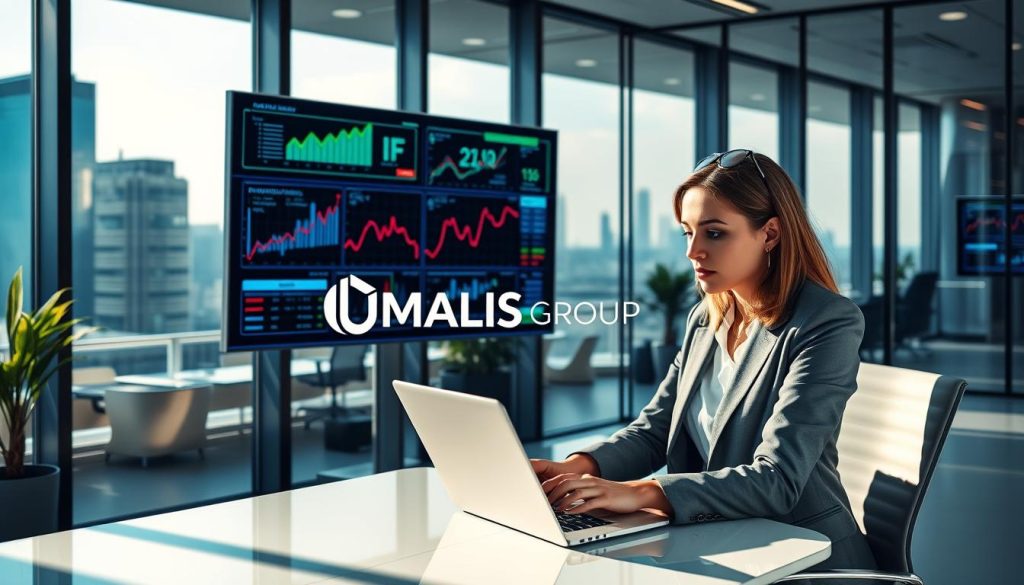 A modern office environment featuring a financial consultant engaged in automating financial analyses with the help of advanced AI tools. In the foreground, a focused professional woman in business attire is working at a sleek desk with a laptop displaying financial graphs. The middle layer includes digital screens illustrating data flow, algorithms, and analytics in vibrant colors. The background showcases a glass-walled office with views of a city skyline, conveying a dynamic and sophisticated atmosphere. Natural light streams in, casting soft shadows, enhancing the mood of productivity and innovation. The branding "UMALIS GROUP" is subtly integrated into the workspace decor without distracting from the overall composition.