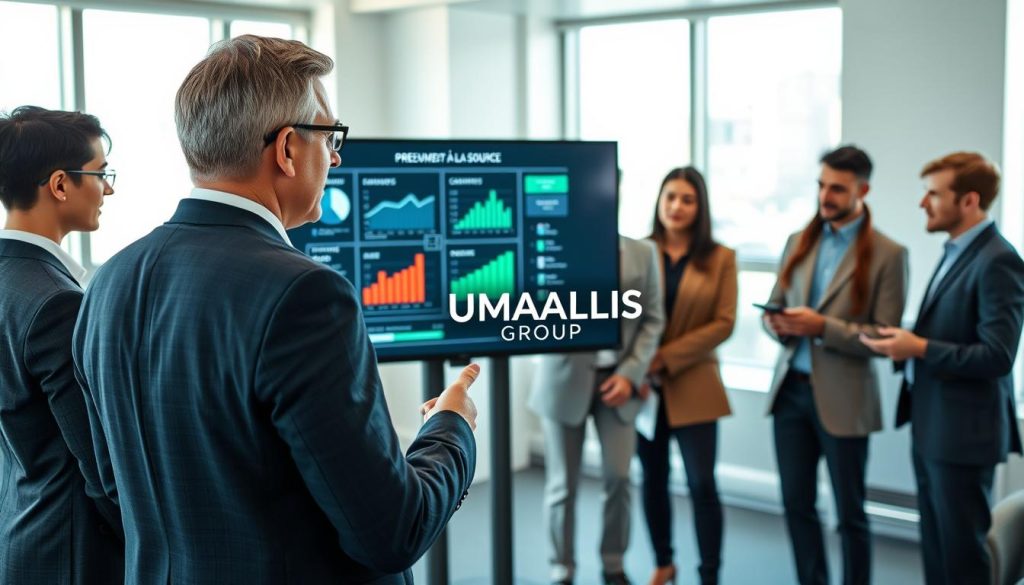 A modern office environment featuring a focused financial advisor explaining the "Prélèvement à la source" system to a group of well-dressed independent workers. In the foreground, the advisor, a middle-aged professional in a smart suit, gestures towards an interactive screen showcasing tax deduction graphs and charts. In the middle background, the diverse group of individuals, including men and women of different ethnicities, attentively listens, taking notes. The office is brightly lit with natural light streaming through large windows, creating an inviting atmosphere. Soft hues of blue and green dominate the scene, conveying a sense of professionalism. Subtly include the UMALIS GROUP logo on the presentation screen as part of the design, ensuring it integrates seamlessly into the visual without being distracting.