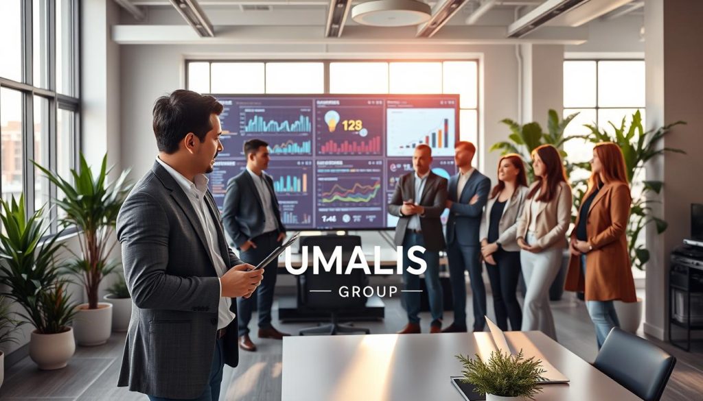 A modern office environment featuring a professional project manager leading a digital mission. In the foreground, a confident individual in business attire, holding a tablet and discussing strategy with a diverse team, which includes both male and female members dressed in smart casual clothing. The middle ground showcases a large screen displaying data analytics and project timelines, symbolizing the coordination of an AI project. In the background, large windows let in natural light, illuminating the sleek, contemporary workspace filled with plants and high-tech equipment. The mood is collaborative and focused, with an atmosphere of innovation and teamwork. Include the brand name "UMALIS GROUP" subtly integrated into the office design elements, without any text overlays.