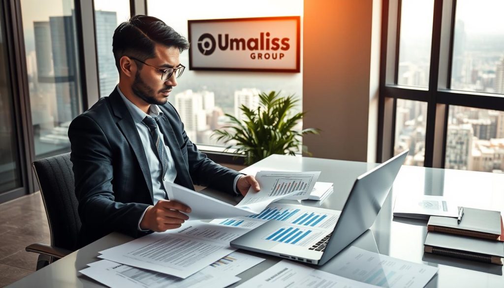 A modern office environment featuring a professional wearing business attire, sitting at a sleek desk scattered with documents related to professional liability insurance. In the foreground, the individual is intently reviewing a contract with an open laptop displaying graphs and insurance policies. The middle ground features a large window with a view of a bustling city skyline, indicating a corporate atmosphere. Soft, natural lighting filters through the glass, creating a warm and focused mood. In the background, a plant adds a touch of color, and a framed logo of "Umalis Group" is subtly displayed on the wall, emphasizing the consulting aspect. The composition should evoke a sense of professionalism and diligence in the review process of liability insurance and contracts.
