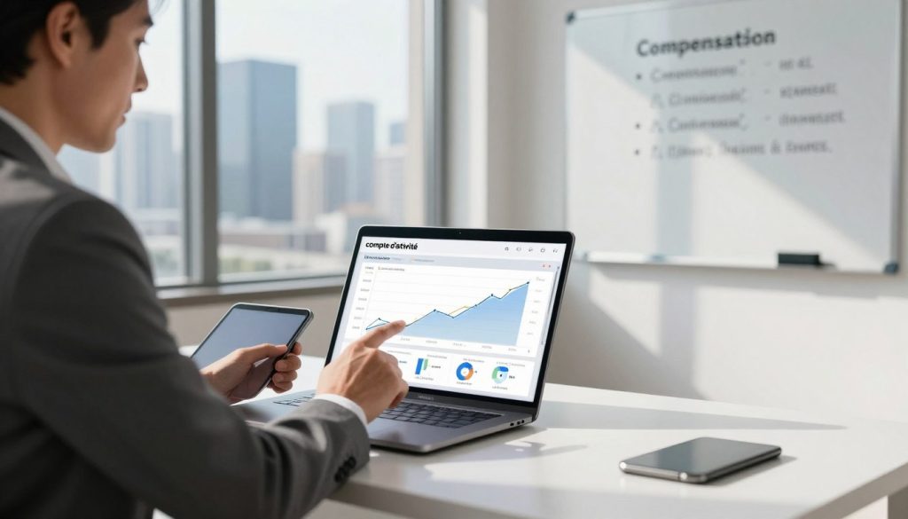 A modern office environment featuring a sleek, minimalist desk with a laptop open, displaying a visually engaging "compte d’activité" chart that showcases monthly performance metrics. In the foreground, a well-dressed professional, a middle-aged man in a tailored suit, is intently analyzing the data on the screen while holding a digital tablet in his other hand, symbolizing transparency and careful management of remuneration. In the middle ground, a large window reveals a vibrant city skyline, bathed in natural daylight that casts soft shadows across the room, creating an atmosphere of focus and professionalism. The background includes a whiteboard with bullet points emphasizing key financial terms related to compensation management. The overall mood is one of clarity and accountability, illustrating the modern approach to tracking financial activities in a contract-based work environment.