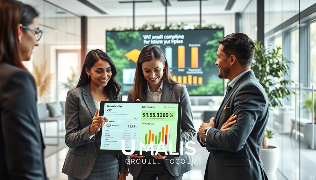 A modern office environment filled with professionals discussing electronic invoicing and VAT regulations. In the foreground, a diverse group of three business people in professional attire are engaged in a discussion over a digital tablet displaying financial data, emphasizing the importance of electronic billing. The middle ground features a large digital screen showing infographics about VAT compliance for small and medium enterprises (PMEs). In the background, a sleek, well-lit office setting with glass walls and greenery creating a fresh atmosphere, enhancing the mood of professionalism and innovation. Soft, natural lighting coming from large windows illuminates the space, creating an inviting yet focused environment. Include the branding "UMALIS GROUP" subtly within the scene to represent the company’s involvement in electronic invoicing solutions.