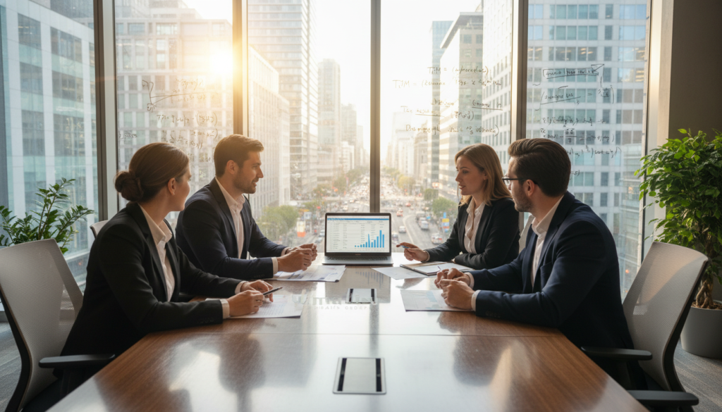 A modern office environment, focused on the concept of calculating the daily average rate (TJM) in salary portage. In the foreground, a diverse group of four professionals—two men and two women—dressed in smart business attire, are reviewing papers and discussing graphs on a sleek conference table. On the table, financial documents and a laptop display charts and figures related to the TJM calculation. In the middle, a large window shows a bustling cityscape with bright sunlight filtering through, creating a warm, productive atmosphere. The background features a whiteboard with financial formulas and notes, enhancing the theme of professional negotiation and financial strategy. The overall mood is collaborative and focused, with a hint of ambition and professionalism. The logo of Umalis Group is subtly incorporated in the design of the conference table.