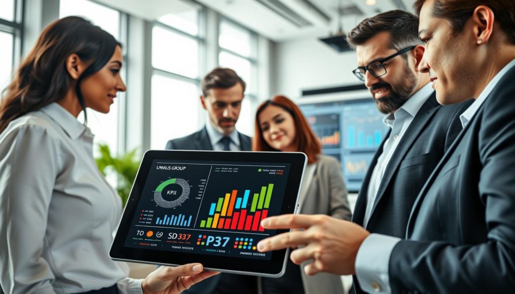A modern office environment focusing on 'KPI' concepts, showcasing a group of three professional business people—diverse in ethnicity and gender—discussing metrics on a digital tablet. In the foreground, close-up of the tablet screen displaying colorful graphs and charts representing performance indicators. The middle ground features a large projector screen with additional KPI visualizations and analytics. The background shows a sleek office space with large windows, natural light flooding in, and subtle greenery. The mood is collaborative and focused, conveying a sense of productivity and strategic planning. The composition embodies professionalism and innovation, branded subtly with "UMALIS GROUP" on the tablet screen, without any text overlays.