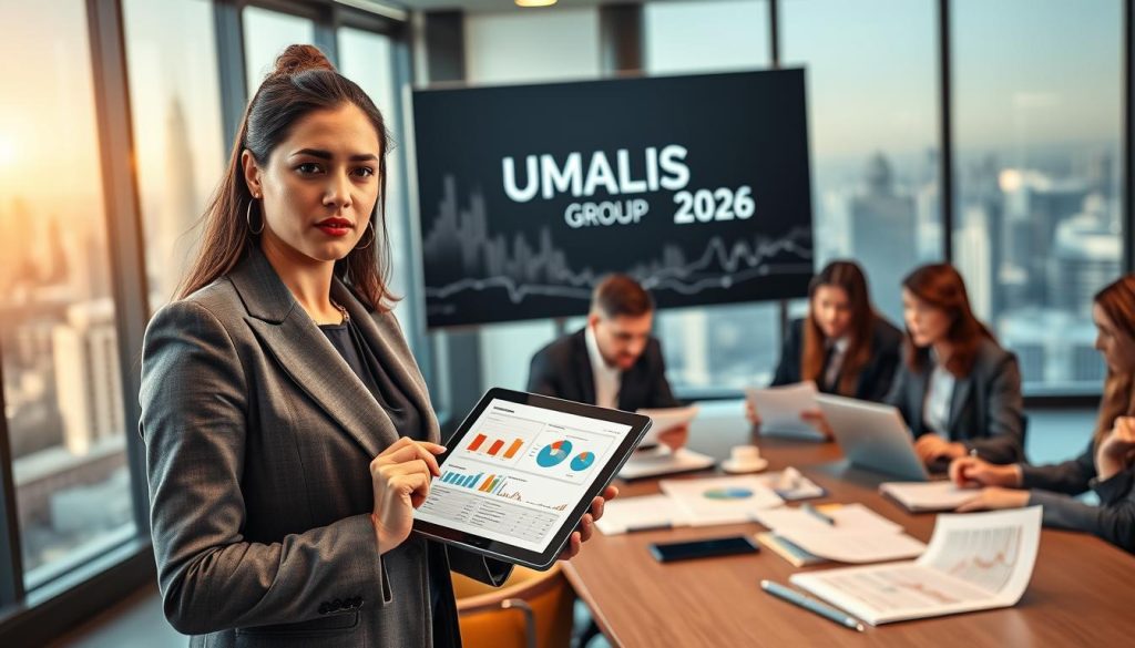 A modern office environment, focusing on a diverse team of professionals engaged in a strategic meeting. In the foreground, a confident woman in a smart blazer presents regulatory compliance charts on a sleek digital tablet, her expression determined and focused. In the middle, colleagues in professional attire—men and women—are analyzing reports and discussing important compliance documents on their laptops, surrounded by notes and data visuals. The background showcases a large window with a city skyline view, infused with warm, natural light, giving a sense of optimism. The overall mood is one of collaboration and diligence. The logo "UMALIS GROUP" subtly integrated on a presentation screen, reinforcing the theme of regulatory verification and cybersecurity for 2026.