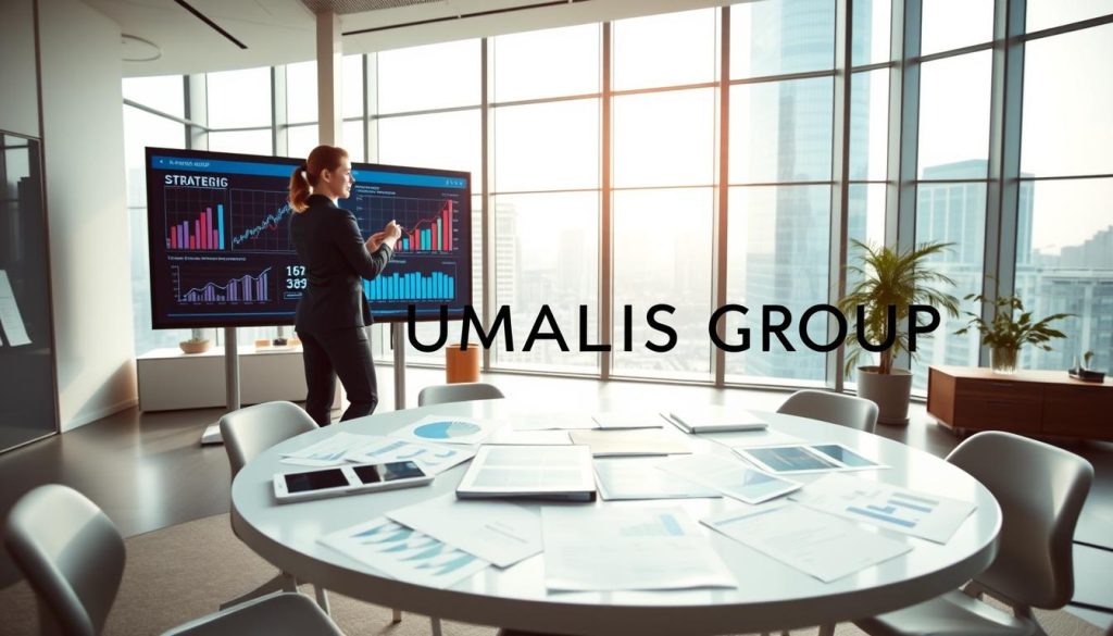 A modern office environment, focusing on a sleek and expansive workspace. In the foreground, a professional businesswoman dressed in a tailored suit analyzes performance indicators displayed on a large digital screen, showcasing graphs and charts representing strategic planning and analysis. In the middle, a round table with various reports and strategy documents spread out, emphasizing teamwork. In the background, tall windows let in natural light, illuminating the space and providing a view of a bustling cityscape. The atmosphere is one of collaboration and ambition, capturing the essence of strategic success in portage salarial. The image subtly incorporates the brand name "UMALIS GROUP" into the decor of the office, blending seamlessly with the professional setting.