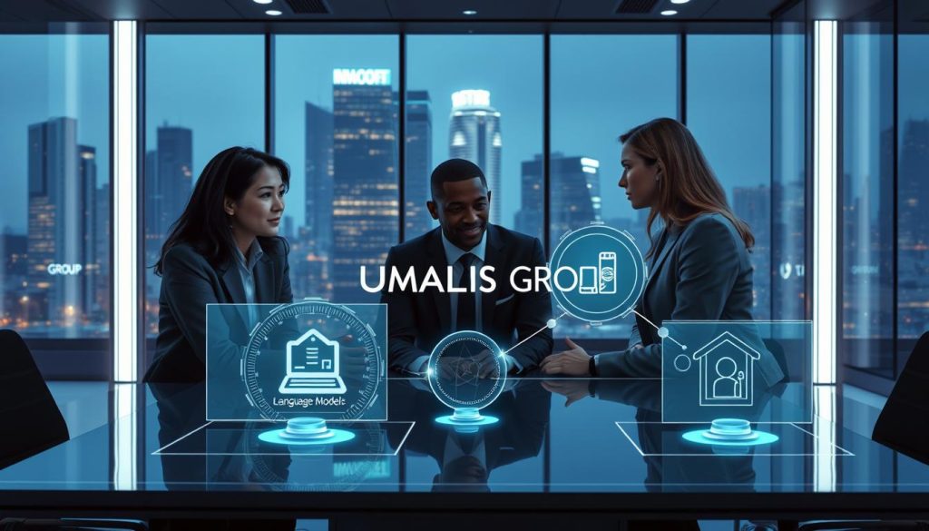A modern office environment illustrating the concept of "Language Models and Security for Assistants." In the foreground, a diverse group of professionals in business attire (a woman of Asian descent, a man of African descent, and a woman of Caucasian descent) are engaged in a thoughtful discussion around a sleek table. The middle ground features holographic displays showcasing digital diagrams of language models and security protocols, with glowing lines connecting them to emphasize data flow. The background reveals a futuristic cityscape through large windows, with soft blue and white ambient lighting casting a calm yet focused atmosphere. The overall mood is one of collaboration and innovation, symbolizing the intersection of AI and client support. Include the brand name "UMALIS GROUP" subtly integrated into the digital displays, ensuring no textual overlays.