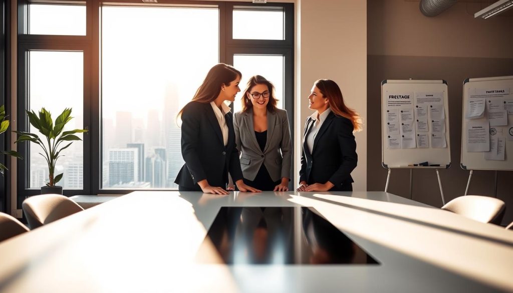 A modern office environment illustrating the concept of "portage salarial." In the foreground, a diverse group of three professionals—two women and one man—are engaged in a collaborative discussion around a sleek conference table, all dressed in smart business attire. The middle layer features a large window showcasing a vibrant cityscape, symbolizing opportunity and growth, with sunlight streaming in, casting soft shadows across the room. In the background, whiteboards and pinned documents highlight key aspects of freelance management and business strategies. The lighting is bright yet warm, creating an inviting atmosphere. The mood is dynamic and focused, reflecting the benefits and workings of choosing a portage salarial company. A modern office environment illustrating the concept of "portage salarial." In the foreground, a diverse group of three professionals—two women and one man—are engaged in a collaborative discussion around a sleek conference table, all dressed in smart business attire. The middle layer features a large window showcasing a vibrant cityscape, symbolizing opportunity and growth, with sunlight streaming in, casting soft shadows across the room. In the background, whiteboards and pinned documents highlight key aspects of freelance management and business strategies. The lighting is bright yet warm, creating an inviting atmosphere. The mood is dynamic and focused, reflecting the benefits and workings of choosing a portage salarial company.