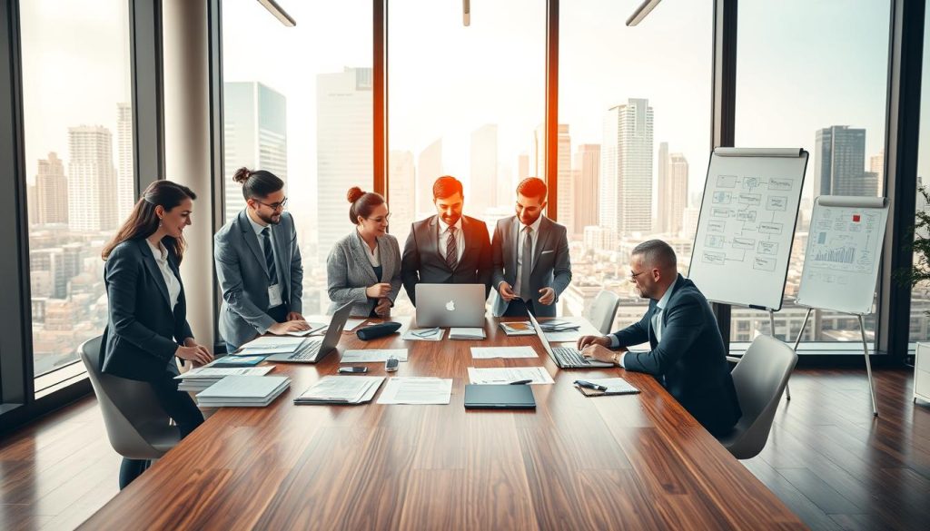 A modern office environment illustrating the concept of simplified administrative management for client companies. In the foreground, a diverse group of professionals in smart business attire collaborates around a polished wooden table filled with documents, laptops, and digital devices. The middle ground features whiteboards with flowcharts and graphs, representing streamlined processes. The background shows large windows with natural light pouring in, revealing a vibrant city skyline. The atmosphere is focused and productive, conveying a sense of efficiency and clarity in managing administrative tasks. Incorporate the branding of "UMALIS GROUP" subtly within the office decor, ensuring it blends harmoniously with the overall scene. Use soft, warm lighting to create an inviting and positive mood.