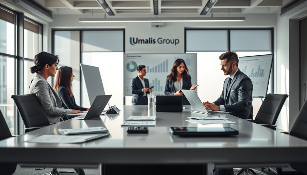 A modern office environment illustrating the concept of social charges and management fees in the context of portage salarial, with a sleek conference table in the foreground. On the table, there are financial documents, laptops, and a calculator, emphasizing the financial aspect. In the middle ground, a diverse group of professionals in business attire (including a woman in a blazer and a man in a suit) are engaged in a discussion, analyzing the documents and charts displayed on the laptops. The background features large windows with soft natural light streaming in, creating a bright and positive atmosphere. Subtle charts and graphs are visible on a whiteboard, symbolizing financial planning. The overall mood is focused and professional, reflecting the importance of understanding financial implications in dynamic work environments. The brand name "Umalis Group" subtly incorporated in the design of the office space.