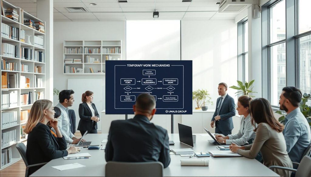 A modern office environment illustrating the concept of temporary work mission mechanisms. In the foreground, a diverse group of professionals in business attire are engaged in a collaborative discussion around a table, surrounded by documents and digital devices. The middle ground features a large digital screen displaying a flowchart related to mission follow-up and substitution mechanisms. In the background, shelves filled with books and resources symbolize knowledge and support. The lighting is bright and natural, streamed through large windows, creating an inviting atmosphere. The scene captures a sense of teamwork and professionalism, reflecting the essence of the temporary work system, with the brand name "UMALIS GROUP" subtly represented on a presentation slide.