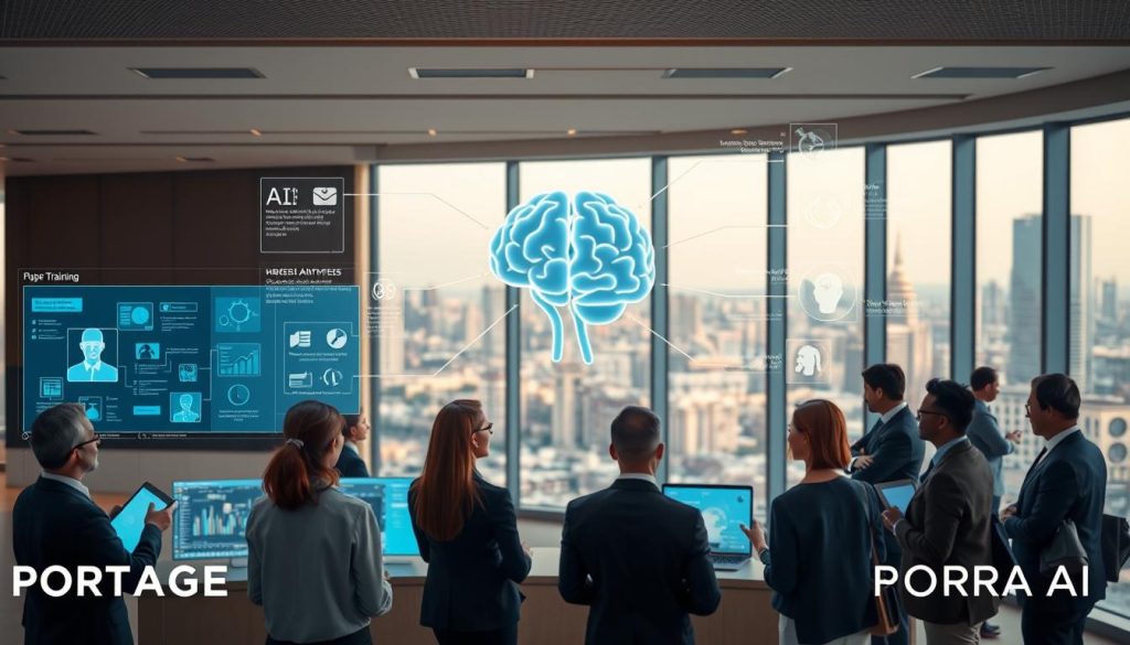 A modern office environment illustrating the impact of artificial intelligence on skills and training. In the foreground, a diverse group of professionals, dressed in smart business attire, engage with holographic displays showcasing various training modules and skill development programs powered by AI technology. The middle section features an AI brain graphic, symbolizing intelligence and data analysis, with streams of data flowing towards the professionals. In the background, panoramic windows reveal a futuristic cityscape, suggesting progress and innovation. Soft, ambient lighting enhances the collaborative atmosphere, while a warm color palette evokes optimism and growth. The scene embodies the synergy between AI, skill enhancement, and professional development, with "PORTAGE AI" branding subtly integrated into the design.