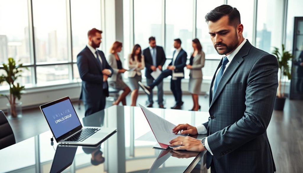 A modern office environment reflecting the concept of "société portage." In the foreground, a confident professional in business attire stands at a sleek desk, analyzing documents with a laptop open, showcasing the logo of "UMALIS GROUP" prominently on the screen. The middle layer features a stylish meeting area with a glass table, where diverse professionals engage in a discussion, all dressed in smart business wear. The background showcases a city skyline through large windows, under bright, natural lighting that creates an uplifting atmosphere. The scene conveys a sense of collaboration, decision-making, and professionalism, symbolizing the security and support of choosing the right portage salarial company. The mood is inspirational and focused, capturing the essence of successful freelance management.