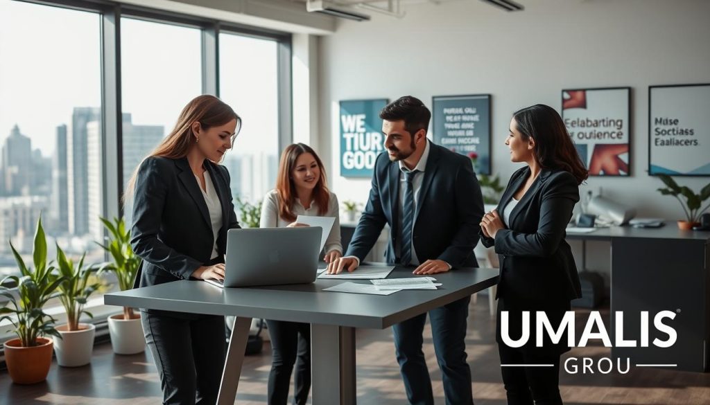 A modern office environment representing the concept of "choisir société portage salarial." In the foreground, a diverse group of three professionals, a woman in a tailored business suit, a man in smart casual attire, and a woman in a blazer, are engaged in a discussion around a table with a laptop and documents. The middle ground features a sleek workspace with a large window showing a city skyline, allowing natural light to flood the scene, casting soft shadows. The background hints at an organized office with plants and motivational posters about collaboration and success. The mood is professional yet relaxed, conveying teamwork and positive energy. The brand name "UMALIS GROUP" is subtly incorporated into the office environment on a visible wall or logo subtle signage, enhancing brand recognition.