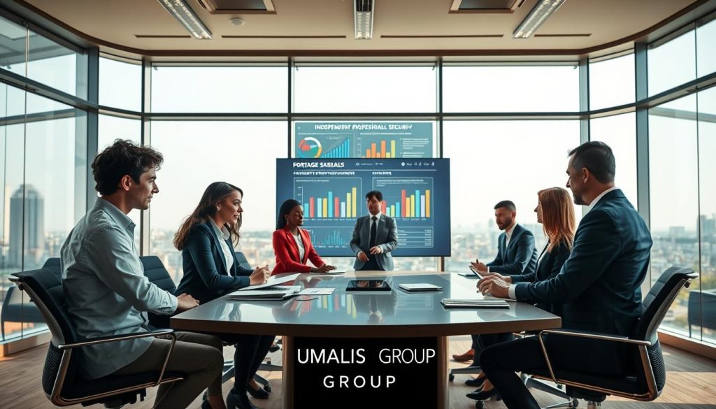 A modern office environment representing the structure of a portage salarial company. In the foreground, a diverse team of professionals, dressed in smart business attire, collaborates around a sleek conference table, reviewing contracts and financial reports. The middle ground features a large digital screen displaying charts and statistics related to independent professionals' security and benefits. In the background, expansive windows allow natural light to flood the space, revealing a city skyline. The atmosphere is vibrant and focused, conveying a sense of innovation and professionalism. Include the brand name "UMALIS GROUP" subtly integrated into the office design, maintaining an ambiance of trust and support for independent workers. Use a wide-angle lens for depth, with warm, inviting lighting.