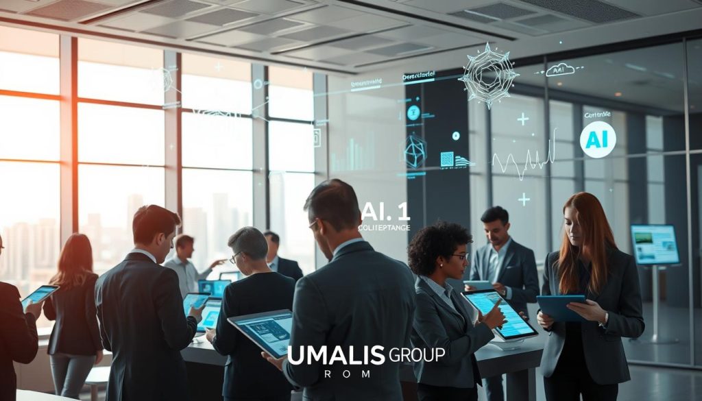 A modern office environment showcases the interaction between Large Language Models (LLMs) and artificial intelligence in document analysis. In the foreground, a diverse group of professionals in business attire engages with digital tablets, displaying data visualizations and documents in various stages of analysis. The middle ground features a sleek, high-tech workstation with holographic projections of neural networks and AI diagrams, symbolizing generative AI. The background showcases a large window with a cityscape and ambient daylight filtering in, creating a bright, inspiring atmosphere. Mood reflects innovation and collaboration, emphasizing a cutting-edge approach to AI in document analysis. Include the brand name "UMALIS GROUP" subtly integrated into the workstation design. The scene captures the essence of understandable LLMs and AI, contributing to a confident and forward-thinking ambiance.