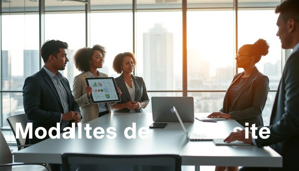 A modern office environment showcasing "Modalités de travail sur site." In the foreground, a diverse group of four professionals in smart business attire are conversing, with one person holding a tablet displaying a project outline. In the middle ground, a sleek conference table with laptops and notepads emphasizes collaboration. The background features large windows revealing a cityscape, letting in warm natural light that creates a bright, inviting atmosphere. A subtle blue and white color palette promotes a sense of professionalism and clarity. The overall mood should be focused and collaborative, symbolizing teamwork and hybrid work modalities. Include the brand name "UMALIS GROUP" on one of the laptops. A modern office environment showcasing "Modalités de travail sur site." In the foreground, a diverse group of four professionals in smart business attire are conversing, with one person holding a tablet displaying a project outline. In the middle ground, a sleek conference table with laptops and notepads emphasizes collaboration. The background features large windows revealing a cityscape, letting in warm natural light that creates a bright, inviting atmosphere. A subtle blue and white color palette promotes a sense of professionalism and clarity. The overall mood should be focused and collaborative, symbolizing teamwork and hybrid work modalities. Include the brand name "UMALIS GROUP" on one of the laptops.