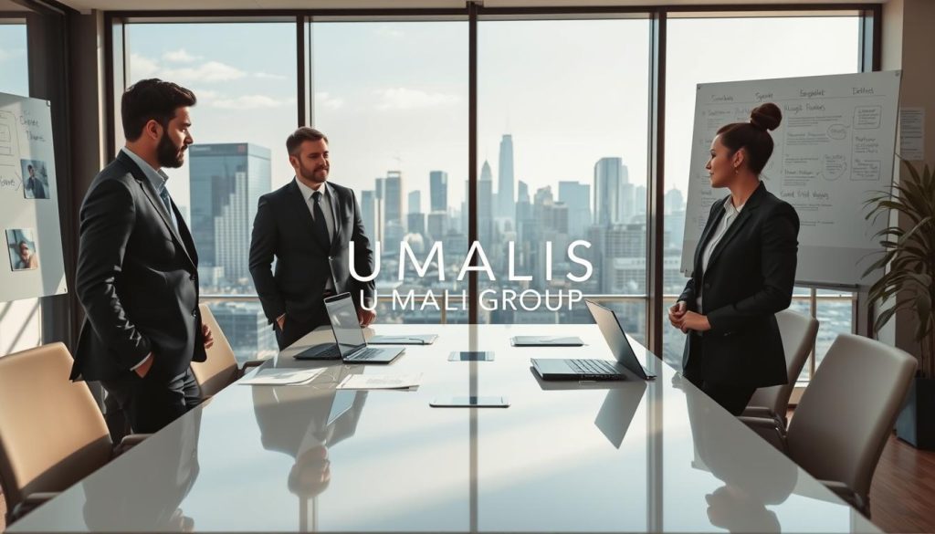 A modern office environment showcasing "UMALIS GROUP" as a focal brand. In the foreground, a diverse group of three professionals, two men and one woman, dressed in smart business attire, engaged in a discussion around a sleek conference table filled with documents and laptops. The middle ground features a large glass window revealing a bustling urban skyline, symbolizing opportunity and growth. The background has whiteboards with brainstorming notes and inspiring imagery related to recruitment strategies. Soft, natural lighting streams in through the window, creating a warm, inviting atmosphere. The overall mood is one of collaboration, innovation, and professionalism, reflecting adaptable solutions for every company's needs and individual career paths.