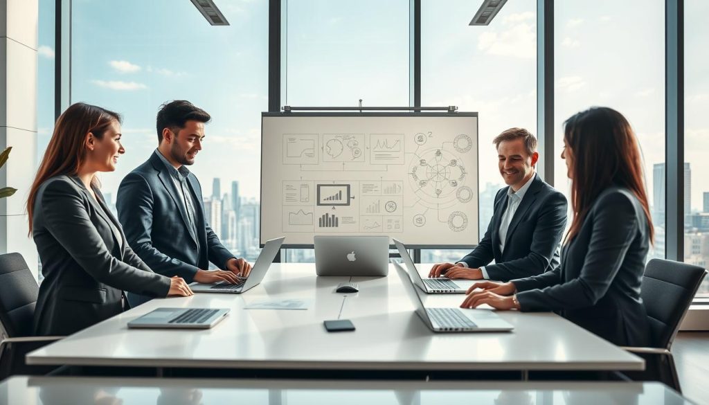 A modern office environment showcasing "UMALIS GROUP" solutions tailored for businesses. In the foreground, a diverse group of three professional consultants in business attire, engaged in a collaborative discussion around a sleek conference table, displaying open laptops and digital tablets. The middle ground features a whiteboard filled with diagrams and charts illustrating innovative strategies. The background reveals large windows with a city skyline under a bright, clear sky, accentuating a vibrant and dynamic atmosphere. Soft, natural light filters in from the windows, creating a warm and inviting ambiance. The overall mood conveys professionalism, teamwork, and forward-thinking solutions, ideal for showcasing tailored IT consulting services.