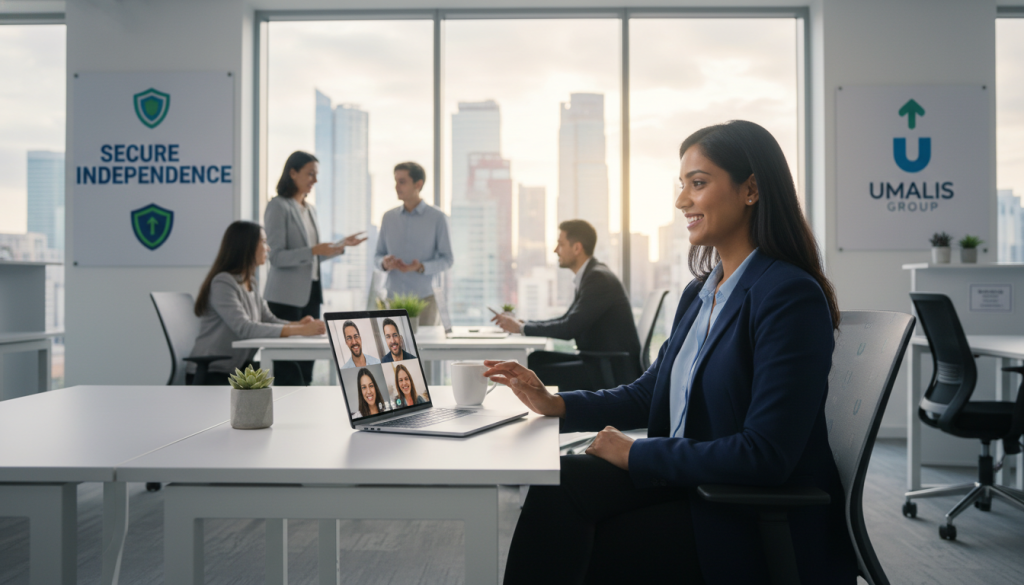 A modern office environment showcasing a confident professional engaging in a video call. In the foreground, a well-dressed individual in professional attire, sitting at a sleek desk, smiling while discussing ideas on a laptop. In the middle ground, a large window reveals a vibrant city skyline illuminated by soft natural light, creating an inspiring atmosphere. Subtle decor elements like plants and motivational posters promoting the concept of "secure independence" enhance the space. The background features a softly blurred view of coworkers collaborating, emphasizing a supportive work culture. The lighting is bright and inviting, creating an encouraging mood for transitioning to independence. Elements of the Umalis Group branding are subtly integrated into the office decor, reinforcing the message of professional growth and security.