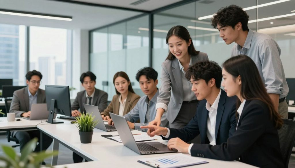 A modern office environment showcasing a diverse group of IT consultants engaged in a collaborative discussion. In the foreground, a professional woman in business attire points at a laptop screen, smiling as she explains a concept to her colleagues nearby, who are attentively listening. The middle layer features a sleek, stylish desk adorned with tech gadgets, documents, and a plant for a touch of nature. The background reveals a contemporary glass-walled conference room with city skyline views, bathed in bright, natural light filtering in. The mood is focused and productive, capturing the essence of autonomy and collaboration in the world of portage salarial. The image should evoke a sense of professionalism and innovation, highlighting the supportive role of a portage salarial company.