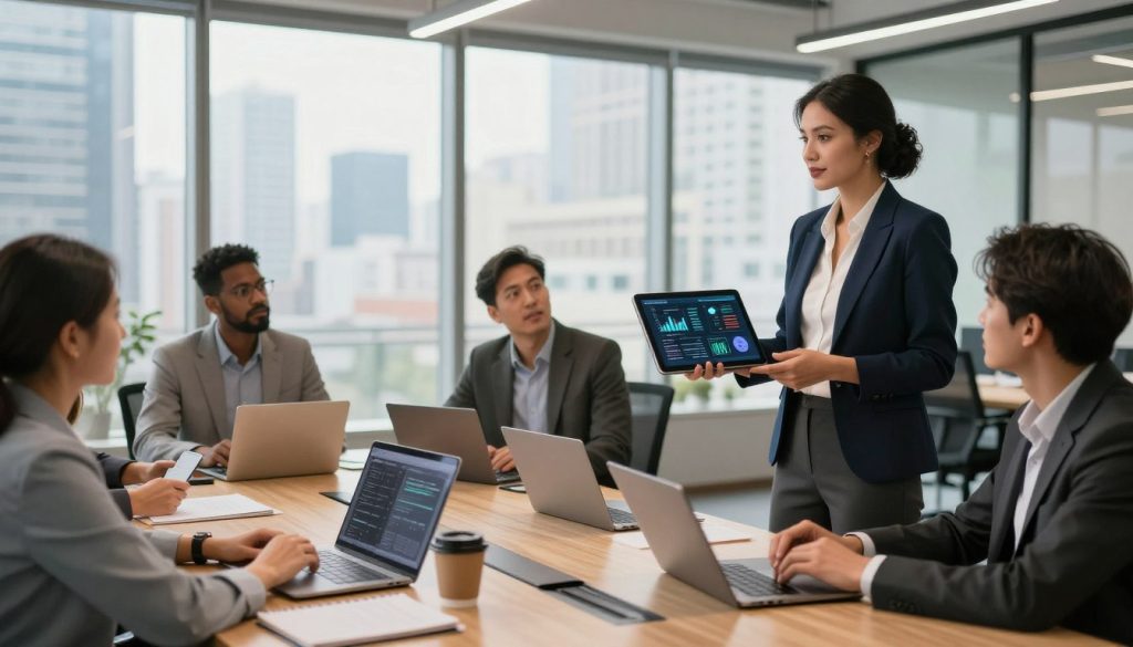 A modern office environment showcasing a diverse group of IT professionals engaged in a collaborative meeting. In the foreground, a confident woman in a smart business outfit is presenting a digital chart on a tablet, while her colleagues, dressed in professional attire, listen attentively. The middle of the scene features a large conference table with laptops, notepads, and a coffee cup, symbolizing productivity. In the background, floor-to-ceiling windows allow natural light to flood the room, with a view of a bustling cityscape, conveying a dynamic work atmosphere. The overall mood is focused and professional, highlighting teamwork and innovation in the field of information technology. The image has bright, warm lighting, captured from a slightly elevated angle to encompass the whole scene effectively.