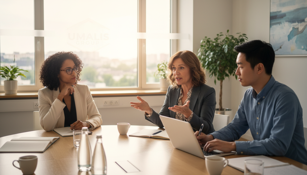 A modern office environment showcasing a diverse group of consultants sharing their experiences in a collaborative meeting. In the foreground, a middle-aged woman in a professional suit gestures expressively as she speaks. Beside her, a young man in smart casual attire takes notes on a laptop, while a woman with glasses, in a tailored blazer, listens attentively. In the middle ground, a large window lets in natural light, illuminating a sleek conference room with minimalist decor and a table filled with coffee cups and notepads. In the background, soft greenery is visible outside, creating a welcoming atmosphere. The overall mood is warm and professional, capturing the essence of teamwork and shared knowledge. Include the brand name "Umalis Group" subtly integrated into the scene without text overlays.