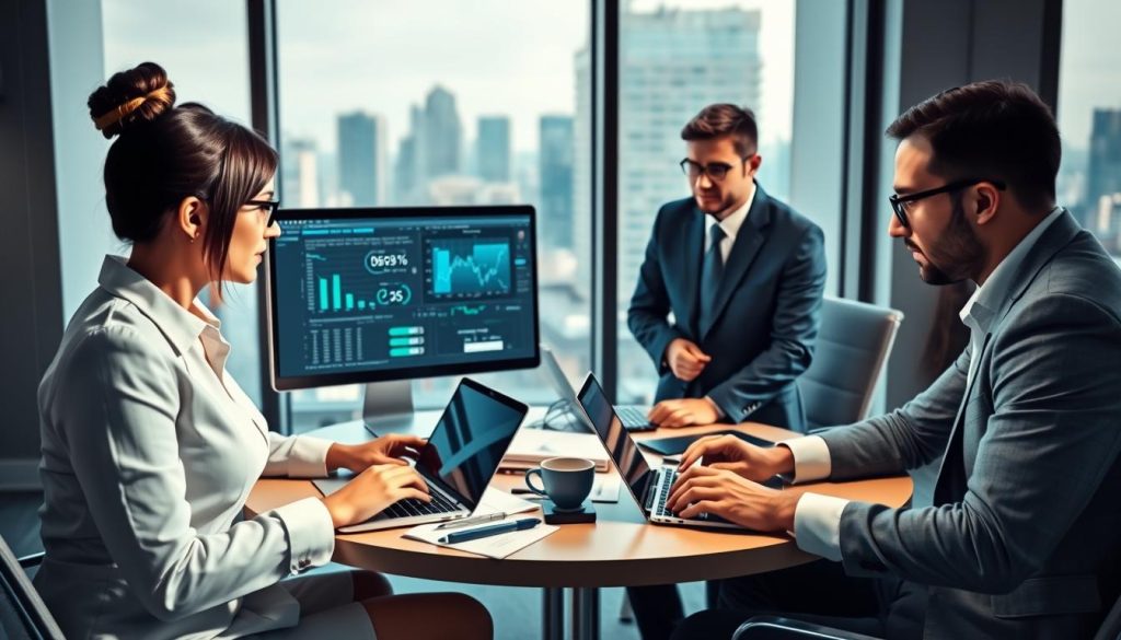 A modern office environment showcasing a diverse group of cybersecurity experts engaged in collaborative discussions. In the foreground, a professional woman and a man, both dressed in smart business attire, analyze data on dual computer screens, highlighting the concept of "portage salarial". In the middle, a round table filled with laptops, digital devices, and cybersecurity-related documents, symbolizing the evolving tech market. The background features a large window with a cityscape view, bathed in soft, natural light, suggesting an atmosphere of innovation and opportunity. The composition conveys a sense of teamwork, progress, and professionalism, with a color palette of blues and grays, emphasizing a contemporary, tech-focused aesthetic.