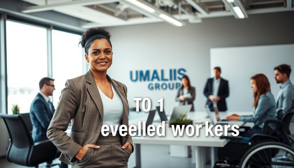 A modern office environment, showcasing a diverse group of professionals collaborating on a project. In the foreground, a confident woman in a smart, professional outfit is discussing with a colleague who uses a wheelchair, highlighting inclusivity in the workplace. The middle ground features a large conference table with laptops and documents, symbolizing teamwork and commitment to employment for disabled workers. In the background, large windows let in bright, natural light, creating an inviting atmosphere. The overall mood is positive and motivational, illustrating the theme of obligation to employ disabled workers. The logo “UMALIS GROUP” is subtly placed on a wall in the background. The composition is well-lit, with a focus on the engaged expressions of the individuals, shot from a slight upward angle to convey empowerment and opportunity.