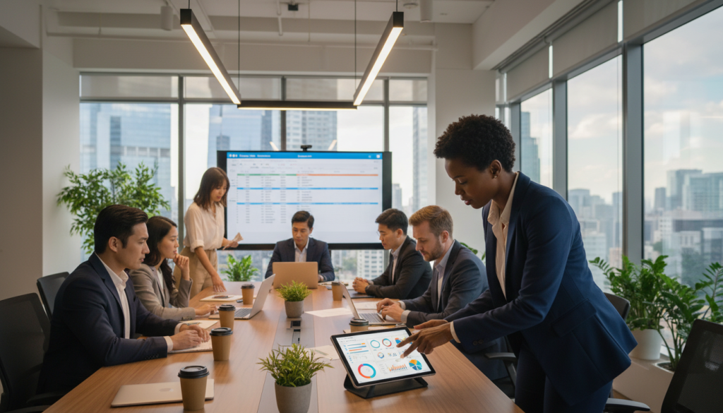 A modern office environment showcasing a diverse group of professionals collaborating on project delivery. In the foreground, a focused woman in professional business attire is discussing a project plan with a man in a sleek suit, both gesturing toward a digital tablet displaying graphs and timelines. In the middle, a large conference table filled with laptops, documents, and coffee cups, while a wall-mounted screen shows a visual project timeline. In the background, large windows let in natural light, illuminating the workspace and providing a city skyline view. The atmosphere is dynamic yet professional, reflecting collaboration and effective project management, with soft, warm lighting to create an inviting mood.