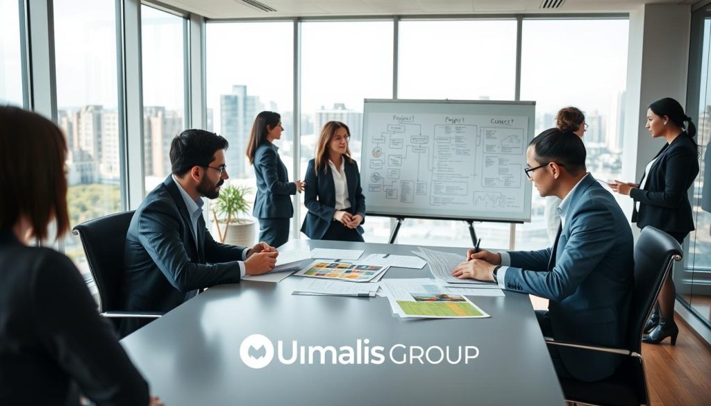 A modern office environment showcasing a diverse group of professionals engaged in administrative tasks related to "Contrats portage salarial". In the foreground, two individuals—one man and one woman—are sitting at a sleek conference table, reviewing various colorful contracts and financial documents, dressed in smart business attire. The middle ground features a large whiteboard filled with diagrams and notes that represent project management and organizational flow. In the background, floor-to-ceiling windows reveal a vibrant cityscape, allowing natural light to flood the room, creating a warm and inviting atmosphere. The scene conveys a sense of productivity and professionalism, highlighting collaboration and effective management. Umalis Group logo subtly integrated into the decor, without any captions or text overlays.