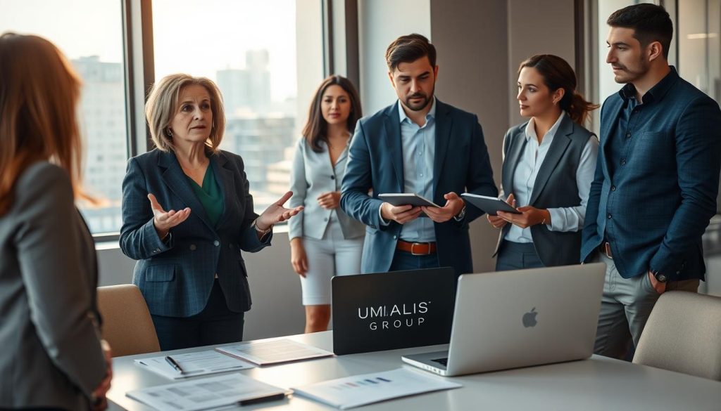 A modern office environment showcasing a diverse group of professionals engaged in a discussion about labor organization. In the foreground, a middle-aged woman in a smart blazer stands confidently, gesturing as she explains the role of unions and associations in supporting workers. Beside her, a young man in a formal shirt takes notes, emphasizing collaboration. In the middle, a table is covered with reports and a laptop displaying the logo "UMALIS GROUP." The background reveals a large window with natural light flooding the space, highlighting a cityscape. The atmosphere is one of professionalism and empowerment, conveying a sense of teamwork and support, with warm lighting creating an inviting ambiance.