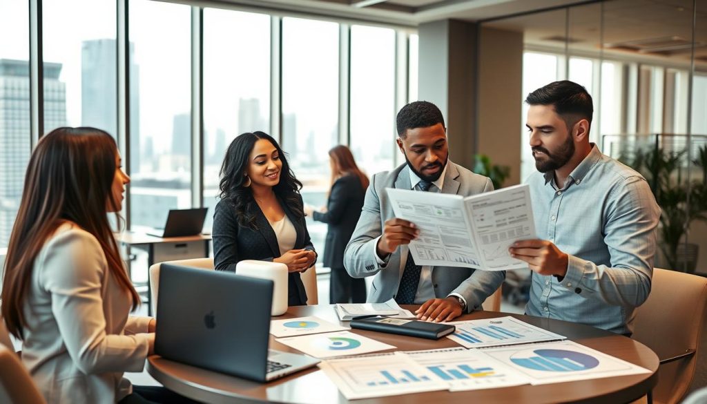 A modern office environment showcasing a diverse group of professionals engaged in a discussion about salary portage concepts. In the foreground, two consultants—one Black woman and one Hispanic man—in business attire, are examining a document together, conveying collaboration and analysis. The middle ground features a round table with laptops and charts illustrating financial diagrams and project plans. In the background, large windows provide natural light illuminating the workspace, with a city skyline view. The atmosphere is focused yet inviting, embodying a sense of security and freedom as they navigate the complex landscape of consultancy. Soft, warm lighting enhances the professionalism of the scene, shot with a slight angle to create depth.