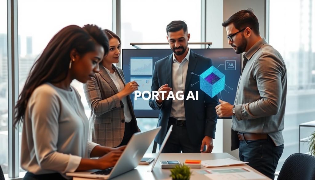 A modern office environment showcasing a diverse group of professionals engaged in discussions around generative artificial intelligence. In the foreground, a Black woman in smart casual attire analyzes data on her laptop, while a South Asian man in a suit sketches algorithm designs on a whiteboard. In the middle, a Caucasian woman gestures towards a digital screen displaying AI-generated visualizations, surrounded by notes and creative brainstorming materials. The background features large windows letting in natural light, with a city skyline visible outside. The atmosphere is vibrant, collaborative, and tech-focused, emphasizing innovation and teamwork in AI. The branding "PORTAGE AI" is subtly integrated into the digital displays. The scene captures the essence of emerging job opportunities in generative AI.