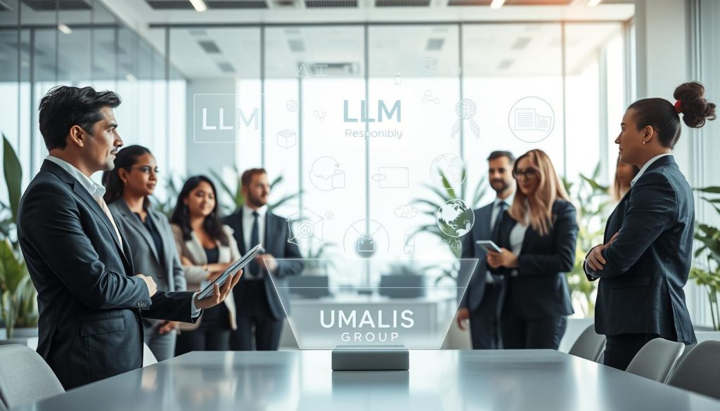 A modern office environment showcasing a diverse group of professionals engaging with advanced AI tools in human resources. In the foreground, a thoughtful consultant in a business suit is discussing a tablet displaying generative AI features, surrounded by colleagues in professional attire of various ethnicities. In the middle ground, interactive holograms of LLM (Large Language Models) and generative AI illustrations float above a sleek desk, symbolizing innovation and technology. The background features a bright, airy office with glass walls, plants, and soft, natural lighting pouring in, creating a collaborative and inspiring atmosphere. The overall mood is professional yet forward-thinking, reinforcing the theme of responsible AI usage. Incorporate the brand name "UMALIS GROUP" subtly into the office décor.