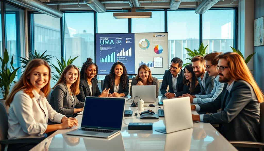 A modern office environment showcasing a diverse team of technology professionals engaged in collaborative discussions. In the foreground, a diverse group of individuals in professional business attire, including women and men of various ethnicities, are gathered around a sleek conference table with laptops and digital devices. The middle ground features a large screen displaying data analytics and technology solutions, while behind them, large windows let in natural light, illuminating the space. The background consists of contemporary office decor with plants and tech gadgets. The atmosphere is dynamic and focused, conveying a sense of innovation and teamwork. The Umalis Group branding is subtly integrated into the workspace design. Use soft, bright lighting to enhance a welcoming and professional feel.