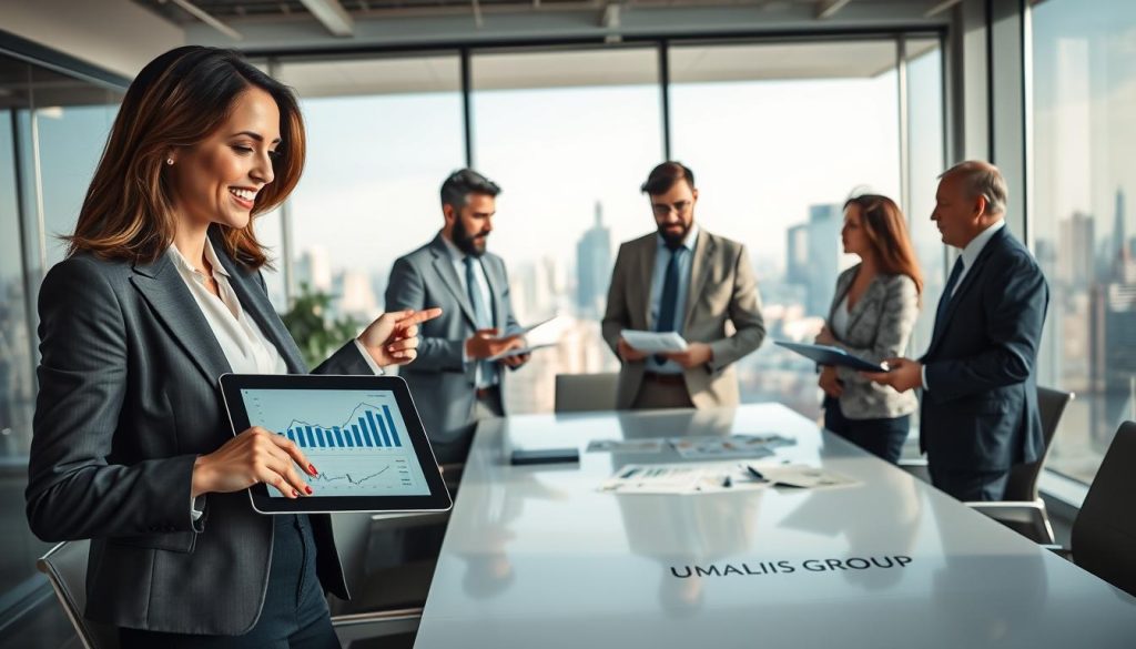 A modern office environment showcasing a group of diverse professionals engaged in a discussion about retirement savings and salary portage strategies. In the foreground, a confident woman in business attire is pointing at a digital tablet displaying financial graphs and charts, symbolizing the optimization of fiscal strategies. In the middle, two men are analyzing documents and charts on a sleek conference table, one of them with a notebook, while the other gestures towards a large window that offers a view of a city skyline. In the background, soft natural light illuminates the room, creating a collaborative atmosphere. The branding “UMALIS GROUP” subtly integrated into the office design. The overall mood is positive, informative, and conducive to professional engagement. A modern office environment showcasing a group of diverse professionals engaged in a discussion about retirement savings and salary portage strategies. In the foreground, a confident woman in business attire is pointing at a digital tablet displaying financial graphs and charts, symbolizing the optimization of fiscal strategies. In the middle, two men are analyzing documents and charts on a sleek conference table, one of them with a notebook, while the other gestures towards a large window that offers a view of a city skyline. In the background, soft natural light illuminates the room, creating a collaborative atmosphere. The branding “UMALIS GROUP” subtly integrated into the office design. The overall mood is positive, informative, and conducive to professional engagement.