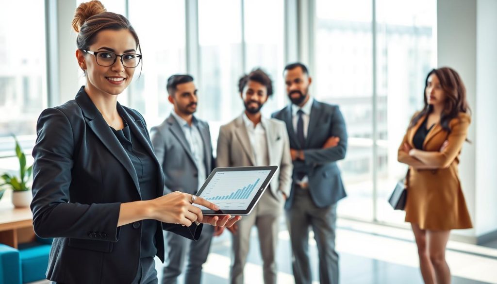 A modern office environment showcasing a group of diverse professionals engaged in a discussion about choosing a company for "portage salarial." In the foreground, a confident woman in business attire is pointing to a digital tablet displaying charts, emphasizing her input. In the middle, a multi-ethnic group of three men and women, dressed in smart casual attire, are listening attentively with expressions of interest and professionalism. The background features a sleek office setup with large windows allowing natural light to fill the space, casting soft shadows. The color palette includes calming blues and whites to evoke a sense of professionalism and opportunity. The scene conveys collaboration and decision-making in a stylish, bright atmosphere, ideal for a business-oriented theme.